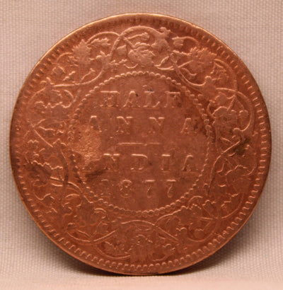 1/2 Anna  Coin of Victoria Empress of Calcutta Mint of 1877 Copper