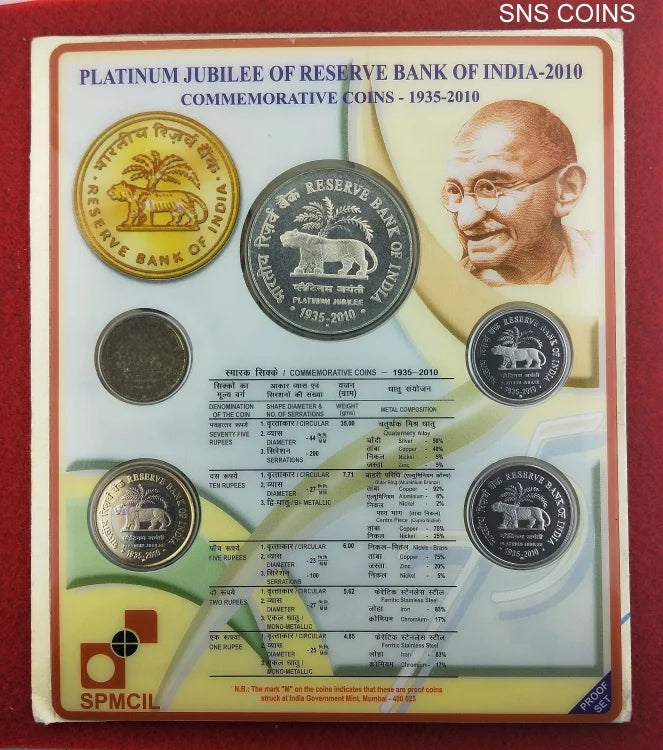 2010 – Reserve Bank of India (RBI) Platinum Jubilee Proof 5 Coins Set (Rs.75, Rs.10,Rs.5, Rs.2,Rs.1) Mumbai Mint