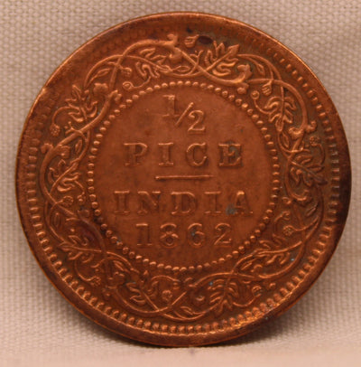 1/2 Pice Coin 1862 Victoria Queen Copper Coin