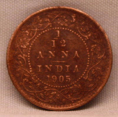 1/12 Anna Coin of Victoria Queen of Calcutta Mint of 1905 Copper