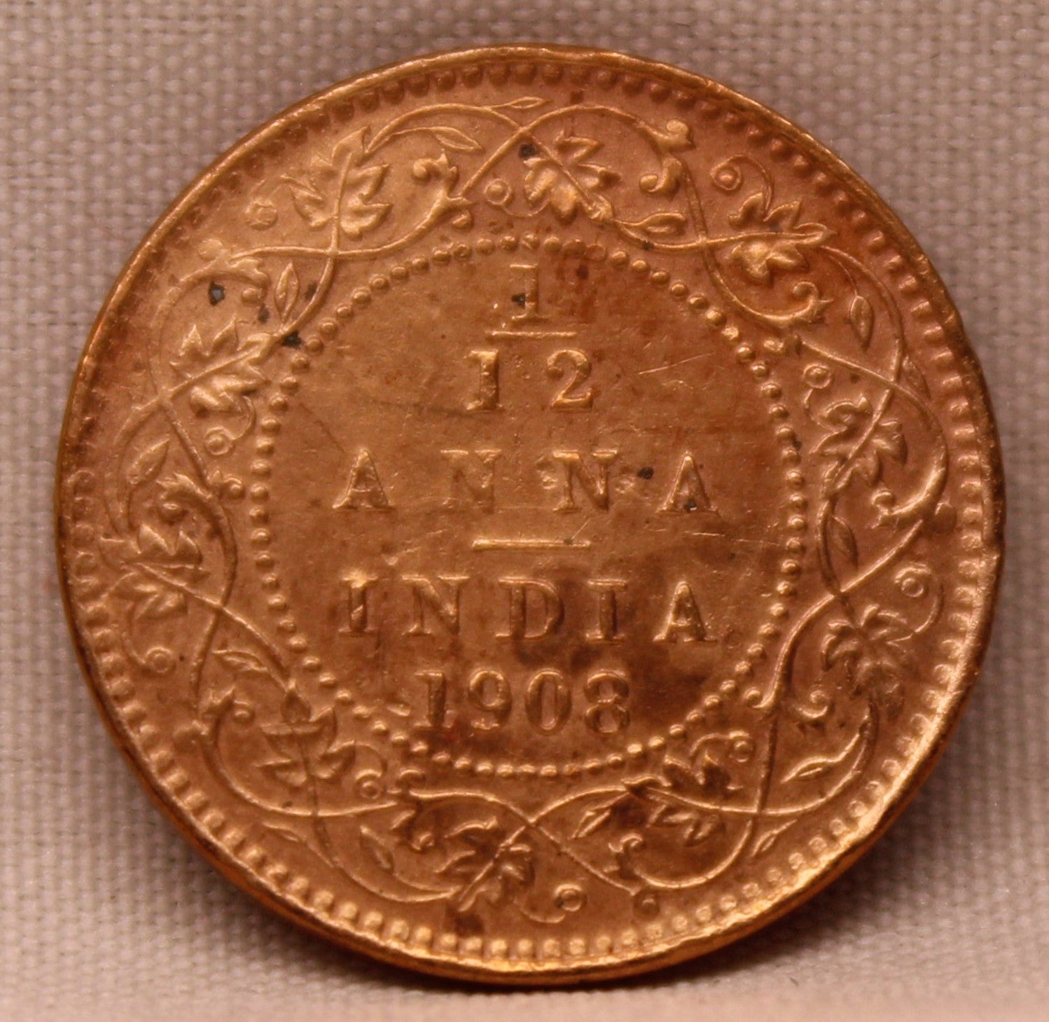 1/12 Anna Coin of Victoria Queen of Calcutta Mint of 1908 Copper