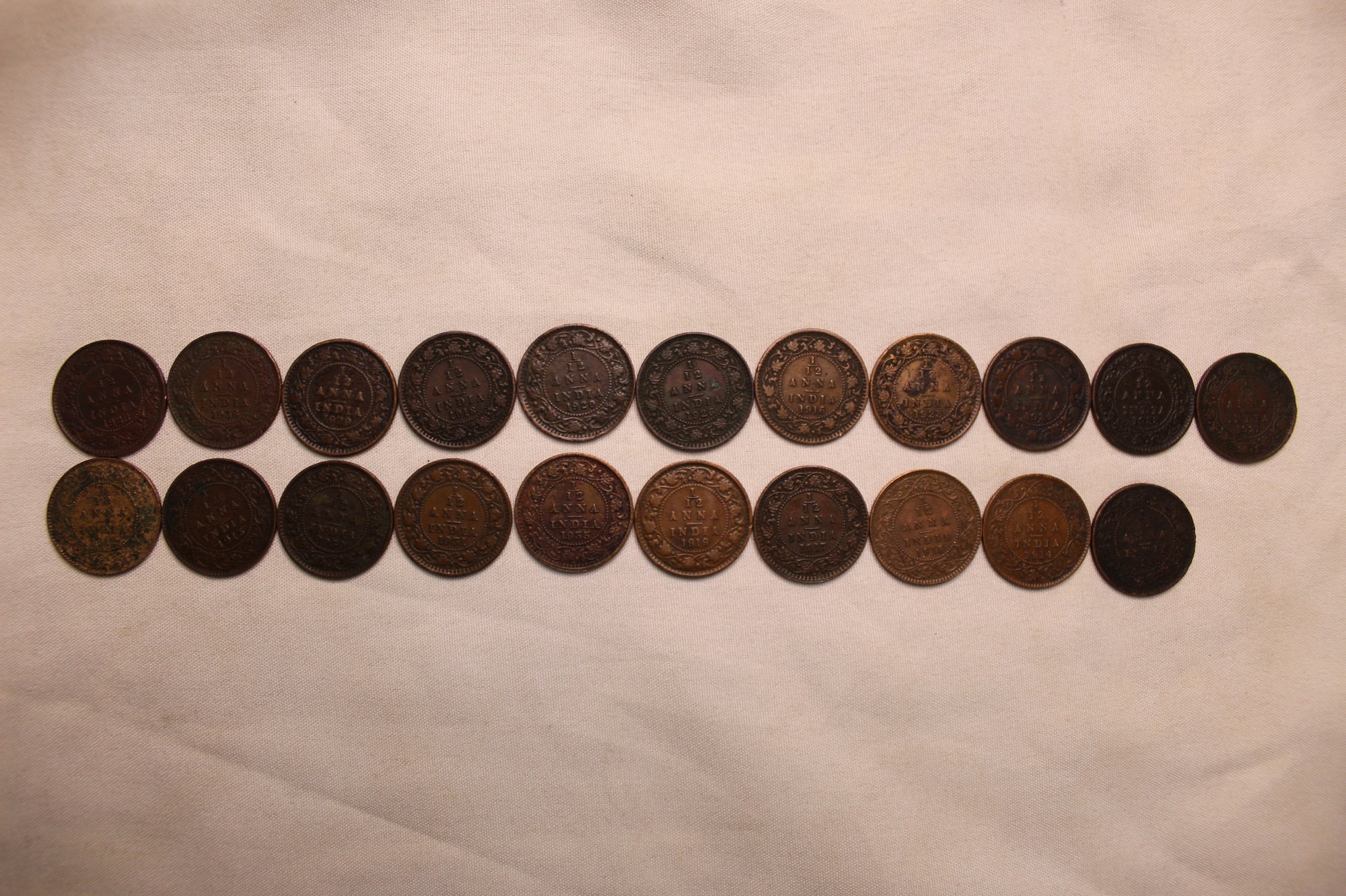 1/12 Anna  Set of 21 Coins (1912 - 1936) - AUNC